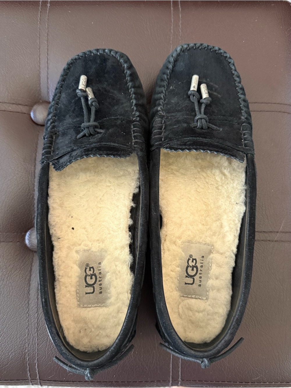 UGG Black Suede Shearling-Lined Moccasin Slip-Ons